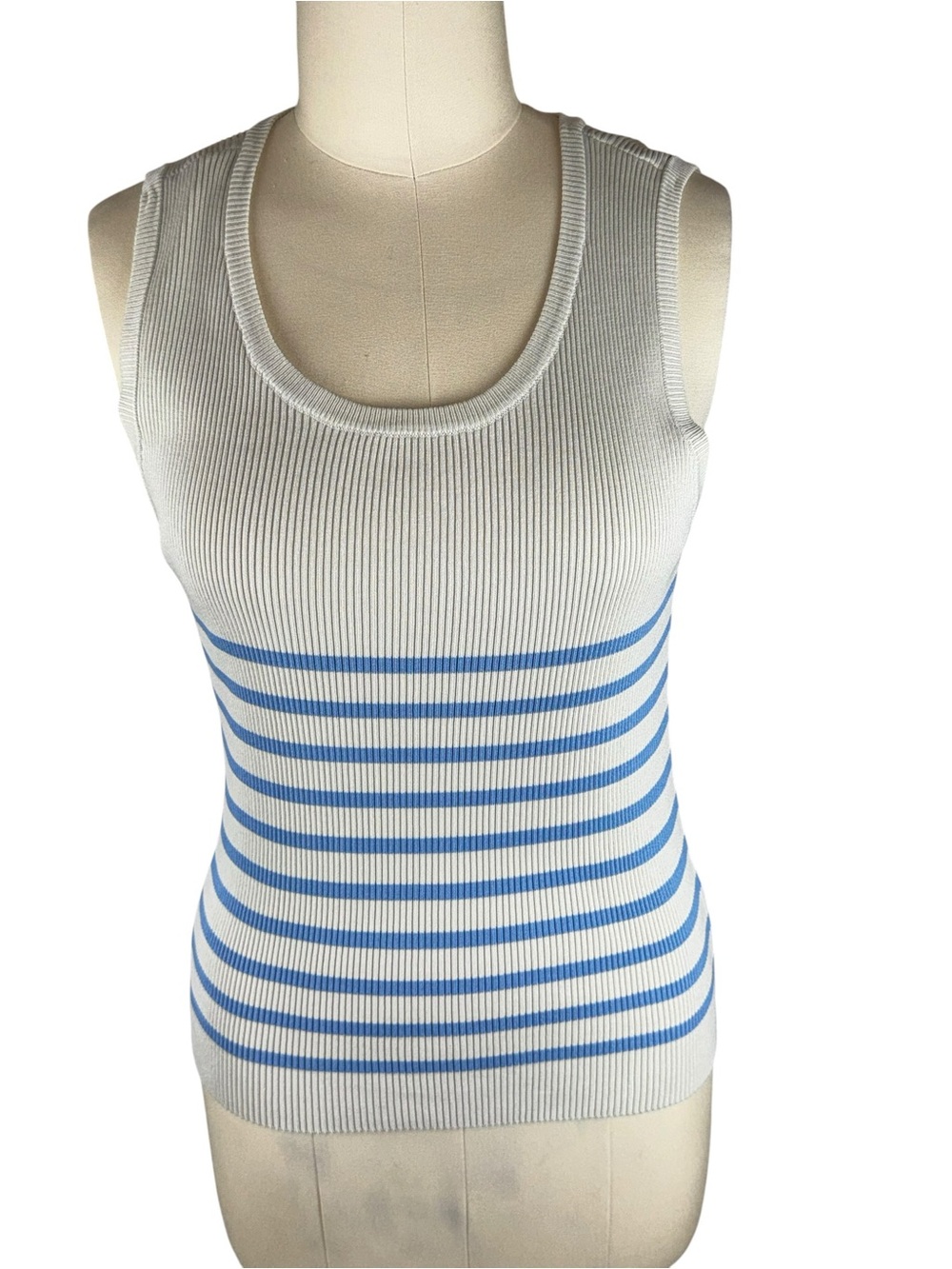 Brave + True Womens XL Ribbed Knit Tank Top Blue Ivory Striped NWT